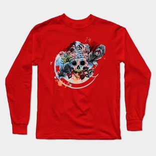 Skull with rose and peacock feathers Long Sleeve T-Shirt